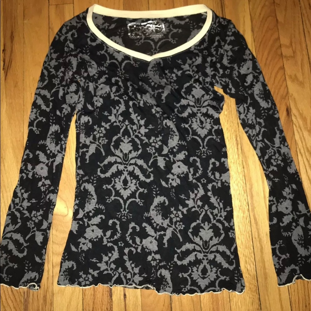 Erge Black & White Fleur De Lis Floral Flower Long Sleeve Shirt Blouse Tee Sz S